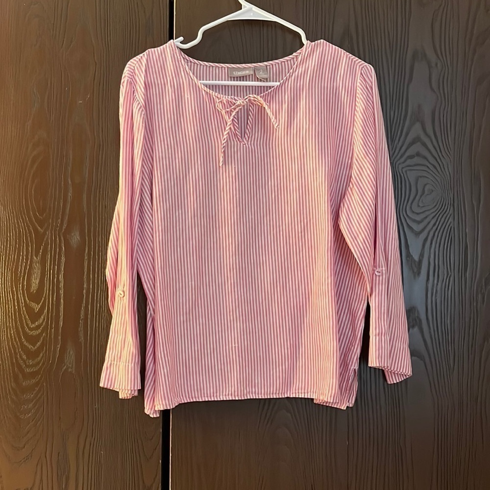 Chico’s linen& cotton 3/4 sleeved pink & white striped blouse. Size Chico 2